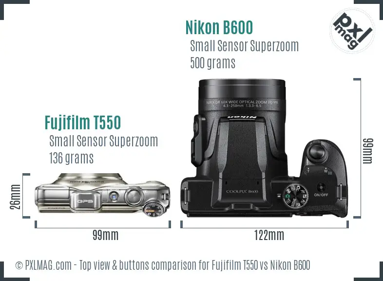 Fujifilm T550 vs Nikon B600 top view buttons comparison