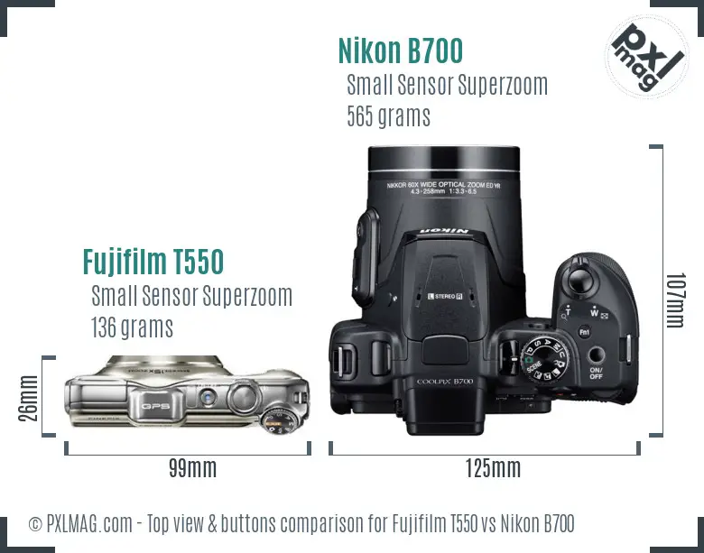 Fujifilm T550 vs Nikon B700 top view buttons comparison