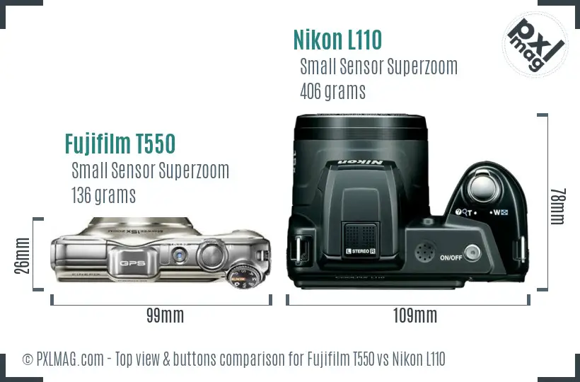 Fujifilm T550 vs Nikon L110 top view buttons comparison