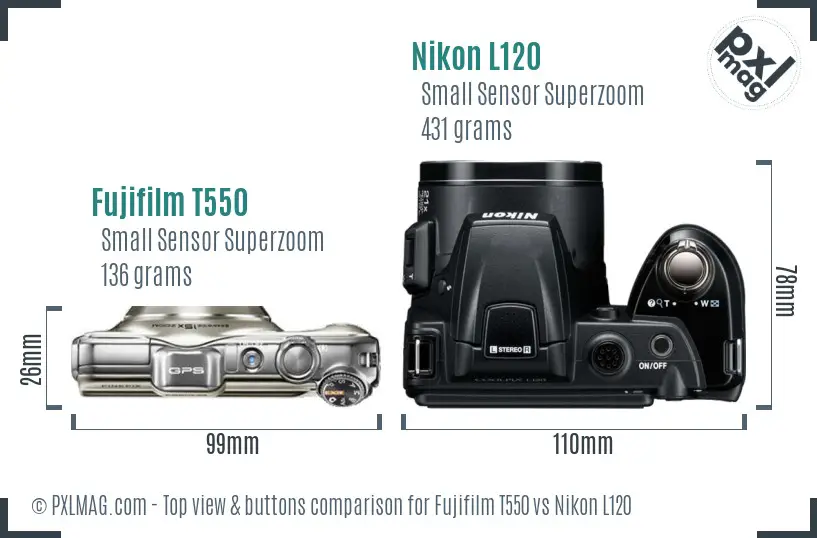 Fujifilm T550 vs Nikon L120 top view buttons comparison