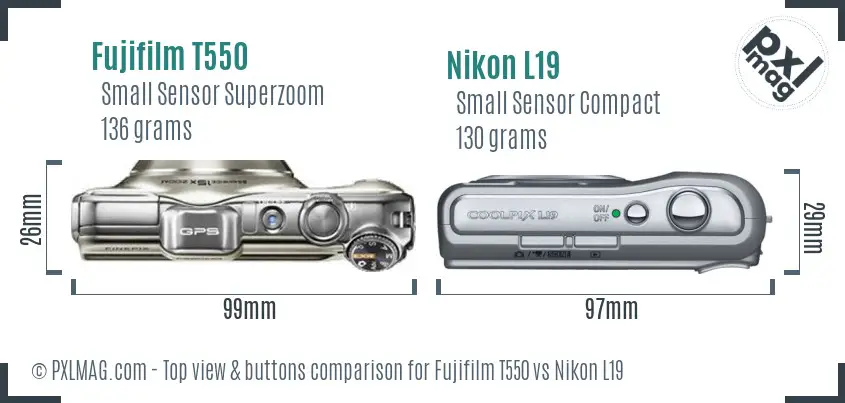 Fujifilm T550 vs Nikon L19 top view buttons comparison