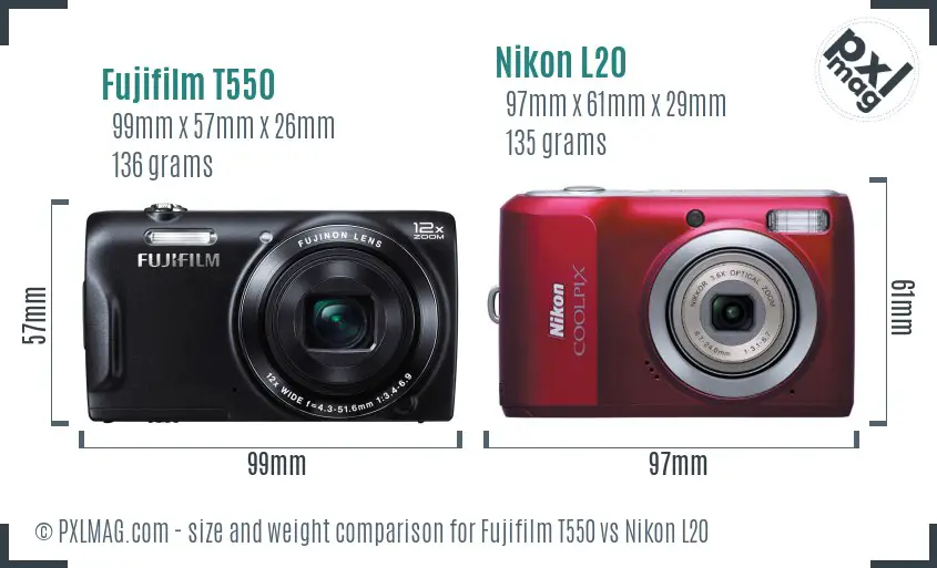 Fujifilm T550 vs Nikon L20 size comparison