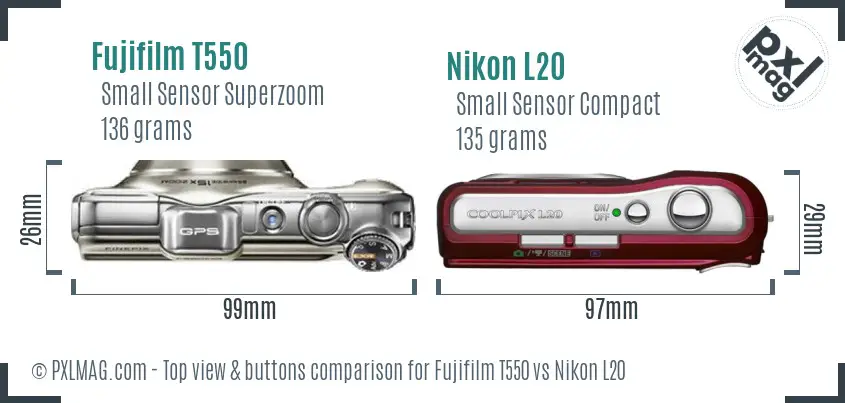 Fujifilm T550 vs Nikon L20 top view buttons comparison