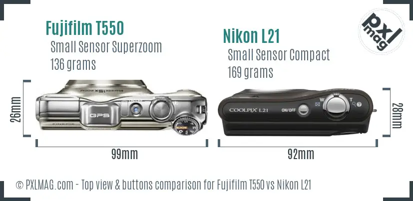 Fujifilm T550 vs Nikon L21 top view buttons comparison