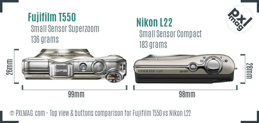 Fujifilm T550 vs Nikon L22 top view buttons comparison