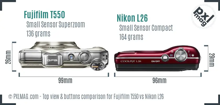 Fujifilm T550 vs Nikon L26 top view buttons comparison