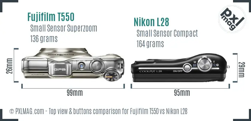 Fujifilm T550 vs Nikon L28 top view buttons comparison