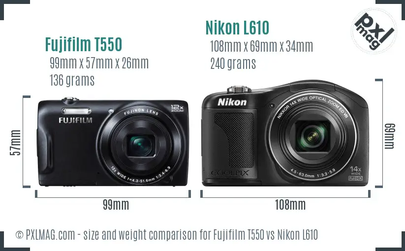 Fujifilm T550 vs Nikon L610 size comparison