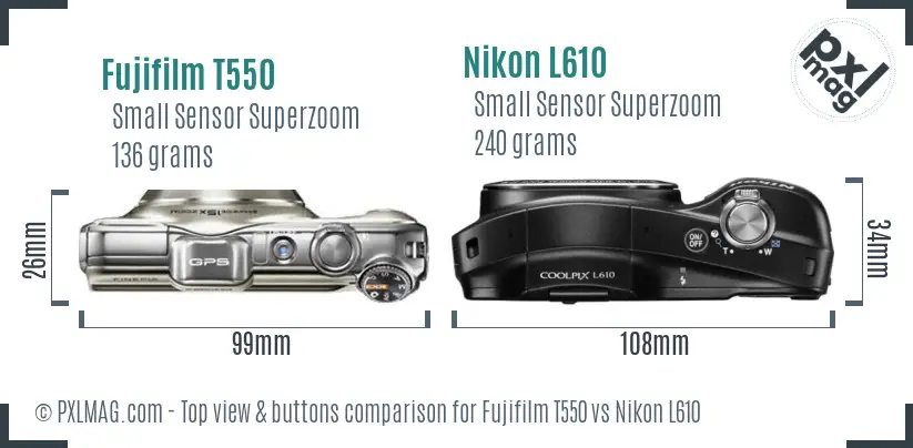 Fujifilm T550 vs Nikon L610 top view buttons comparison