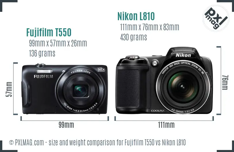 Fujifilm T550 vs Nikon L810 size comparison
