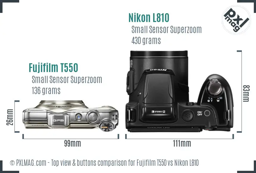 Fujifilm T550 vs Nikon L810 top view buttons comparison