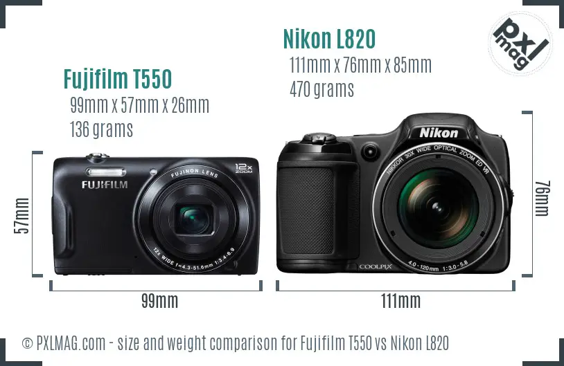 Fujifilm T550 vs Nikon L820 size comparison