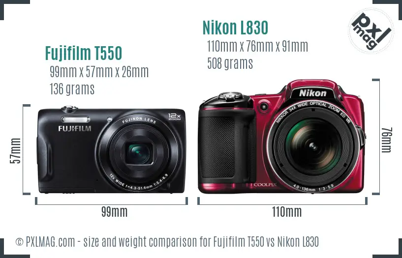Fujifilm T550 vs Nikon L830 size comparison