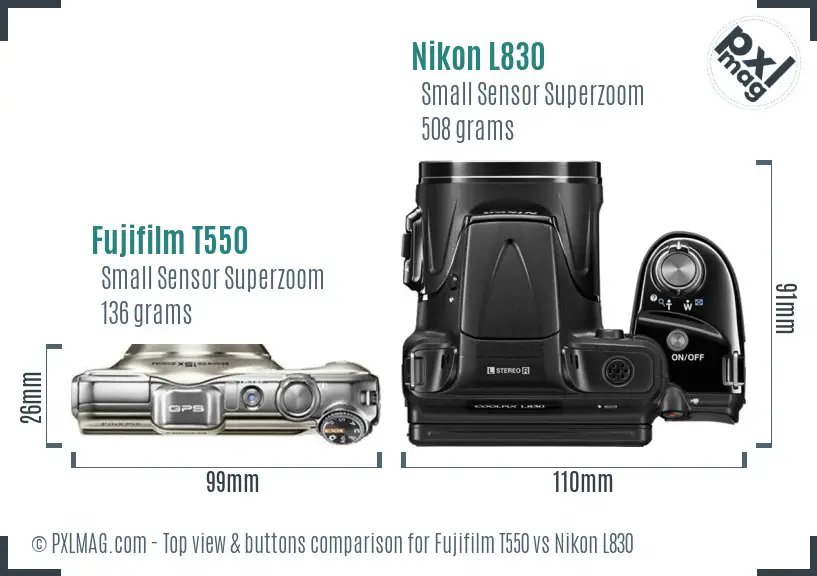 Fujifilm T550 vs Nikon L830 top view buttons comparison