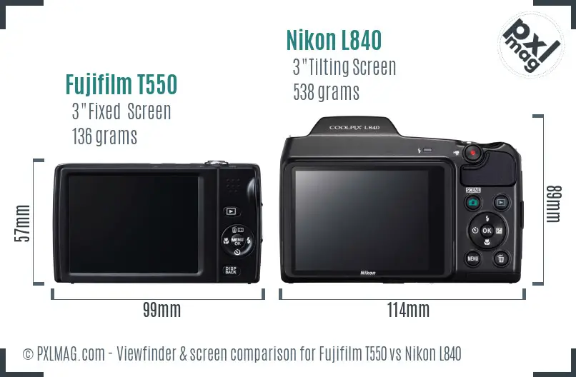 Fujifilm T550 vs Nikon L840 Screen and Viewfinder comparison