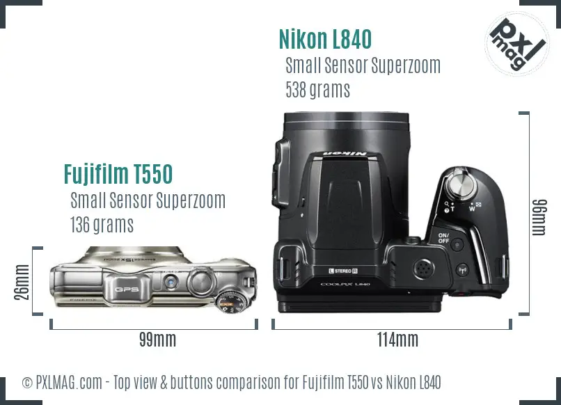 Fujifilm T550 vs Nikon L840 top view buttons comparison