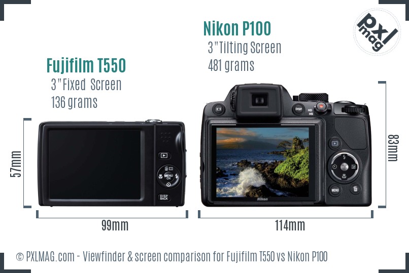 Fujifilm T550 vs Nikon P100 Screen and Viewfinder comparison