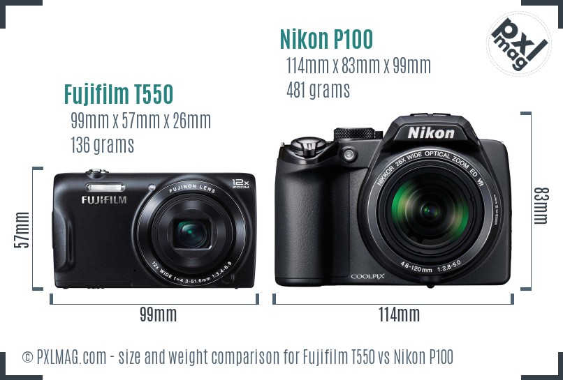 Fujifilm T550 vs Nikon P100 size comparison Fujifilm T550 vs Nikon P100 size comparison