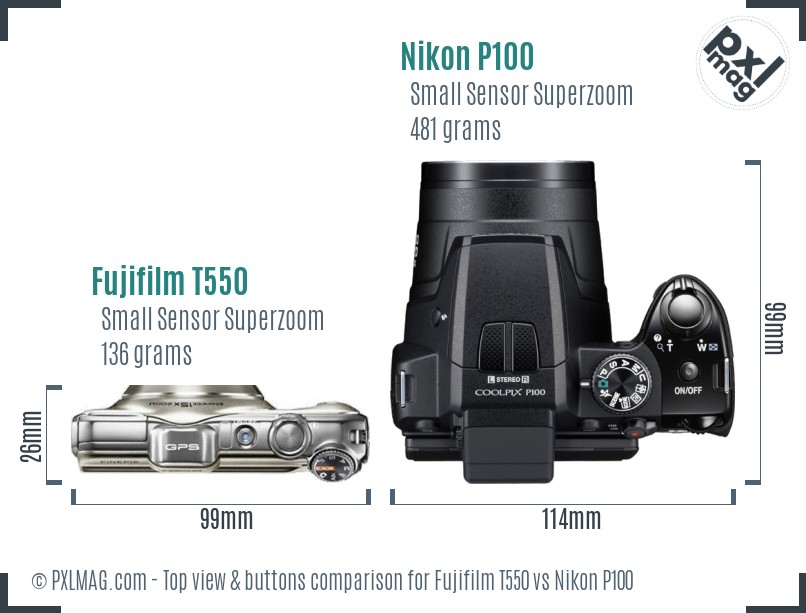 Fujifilm T550 vs Nikon P100 top view buttons comparison