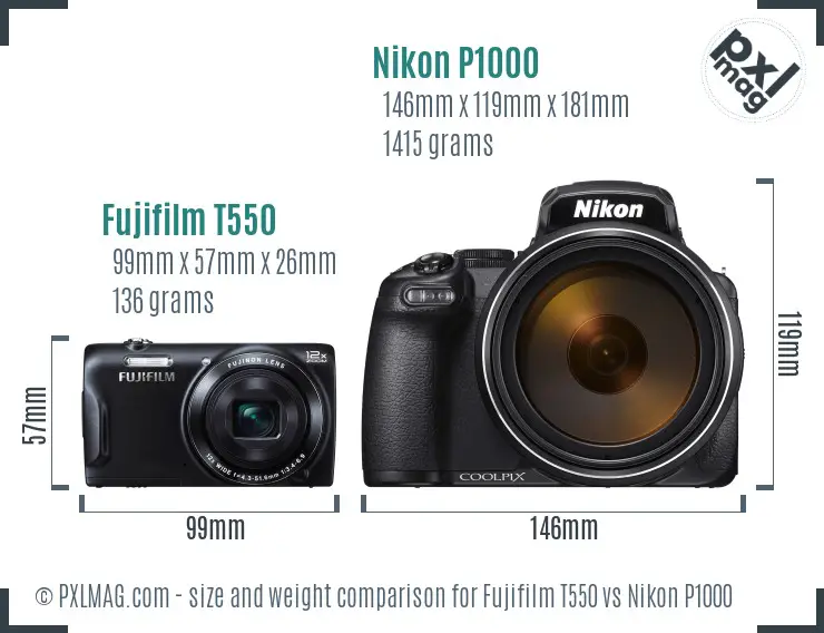 Fujifilm T550 vs Nikon P1000 size comparison