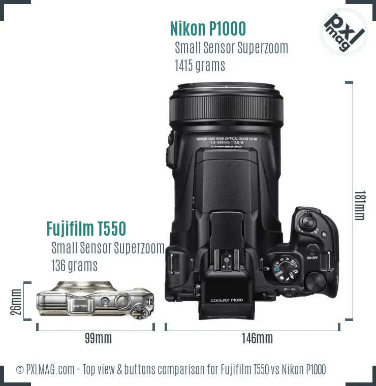 Fujifilm T550 vs Nikon P1000 top view buttons comparison