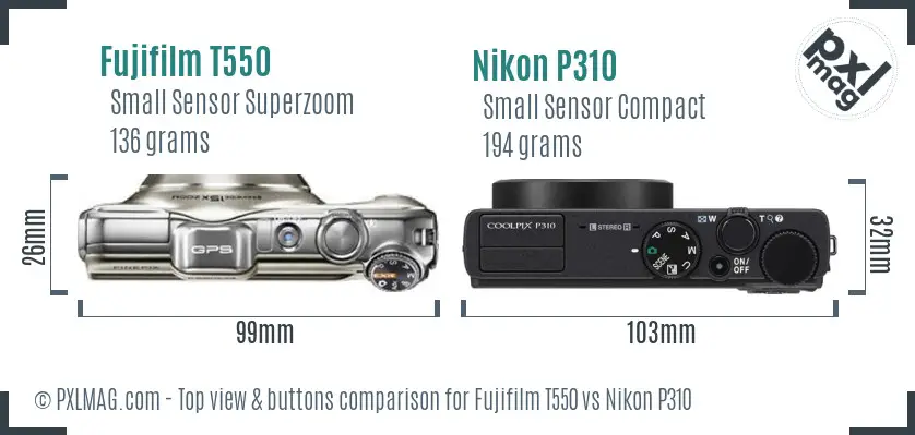 Fujifilm T550 vs Nikon P310 top view buttons comparison Fujifilm T550 vs Nikon P310 top view buttons comparison