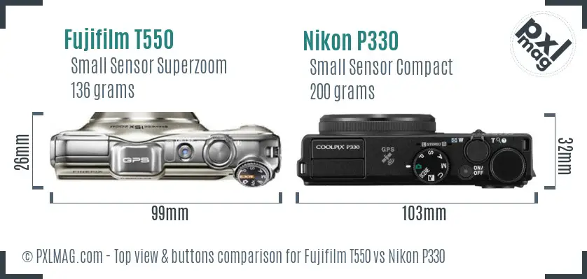 Fujifilm T550 vs Nikon P330 top view buttons comparison Fujifilm T550 vs Nikon P330 top view buttons comparison