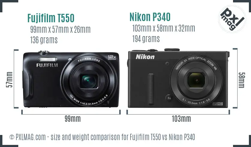 Fujifilm T550 vs Nikon P340 size comparison Fujifilm T550 vs Nikon P340 size comparison