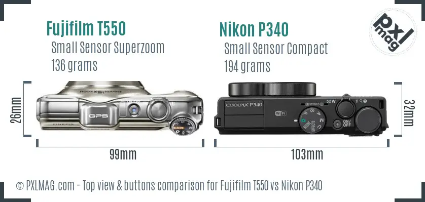 Fujifilm T550 vs Nikon P340 top view buttons comparison Fujifilm T550 vs Nikon P340 top view buttons comparison