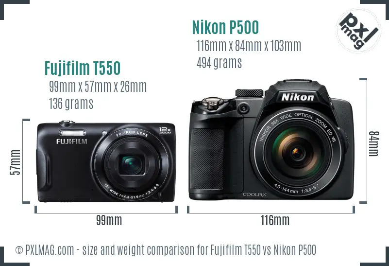 Fujifilm T550 vs Nikon P500 size comparison