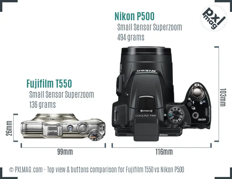 Fujifilm T550 vs Nikon P500 top view buttons comparison