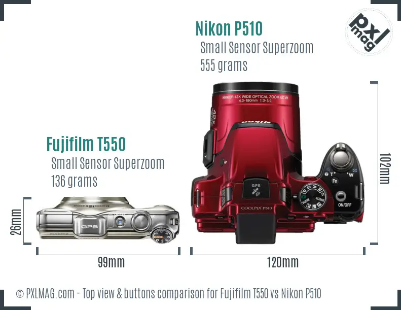 Fujifilm T550 vs Nikon P510 top view buttons comparison