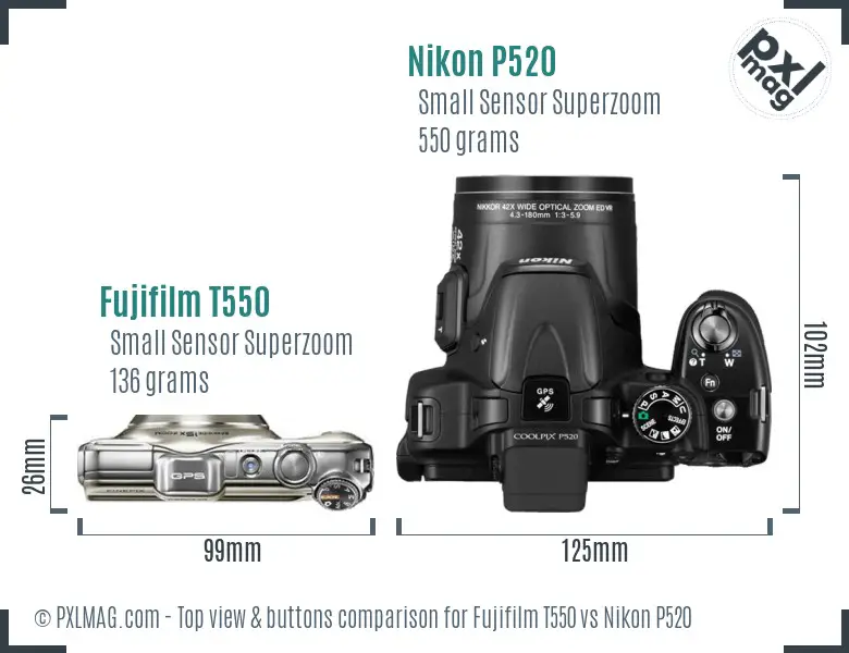 Fujifilm T550 vs Nikon P520 top view buttons comparison