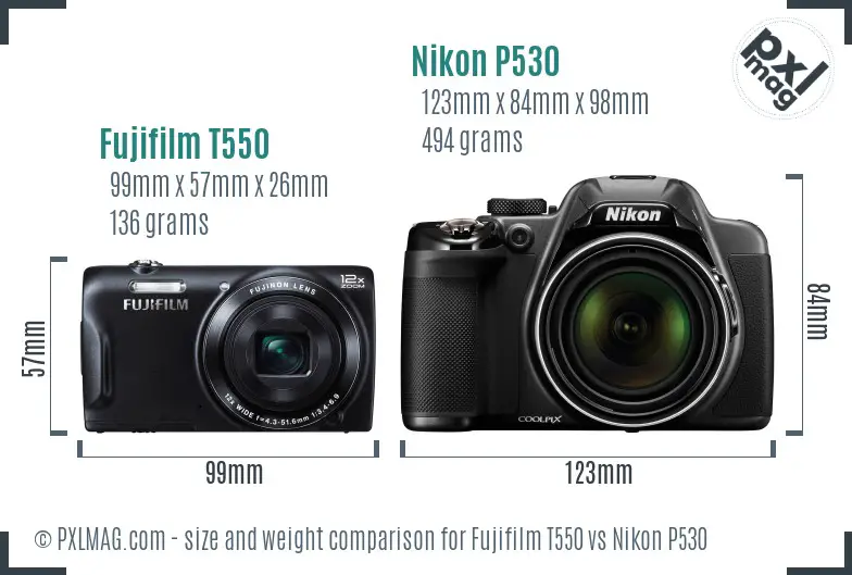 Fujifilm T550 vs Nikon P530 size comparison