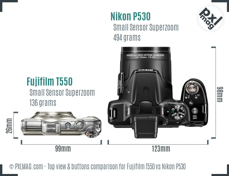 Fujifilm T550 vs Nikon P530 top view buttons comparison