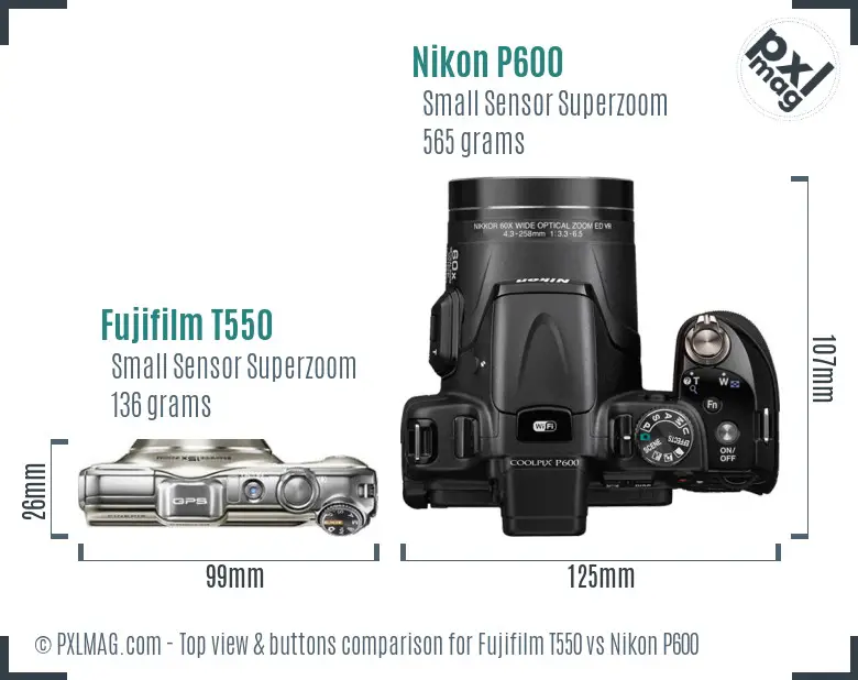 Fujifilm T550 vs Nikon P600 top view buttons comparison