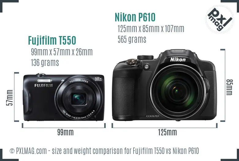 Fujifilm T550 vs Nikon P610 size comparison