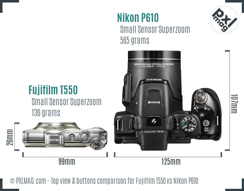Fujifilm T550 vs Nikon P610 top view buttons comparison