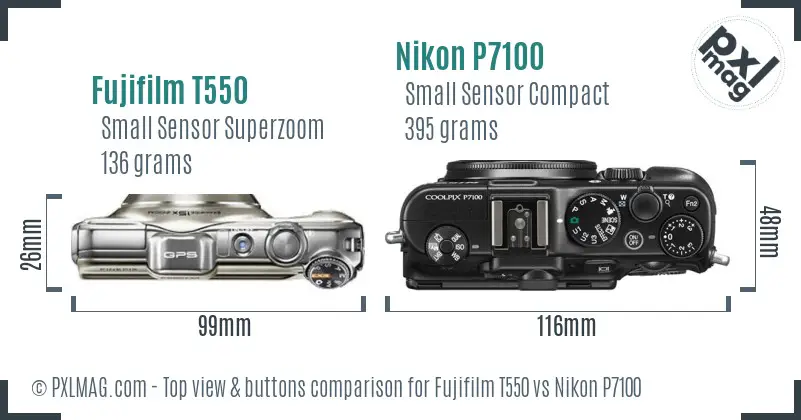 Fujifilm T550 vs Nikon P7100 top view buttons comparison