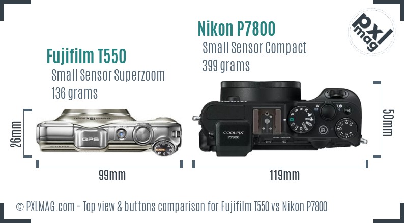 Fujifilm T550 vs Nikon P7800 top view buttons comparison