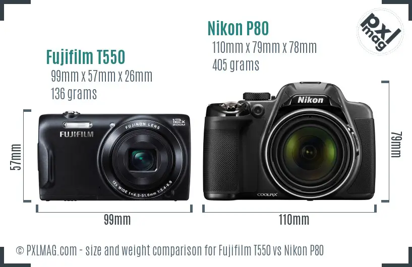 Fujifilm T550 vs Nikon P80 size comparison