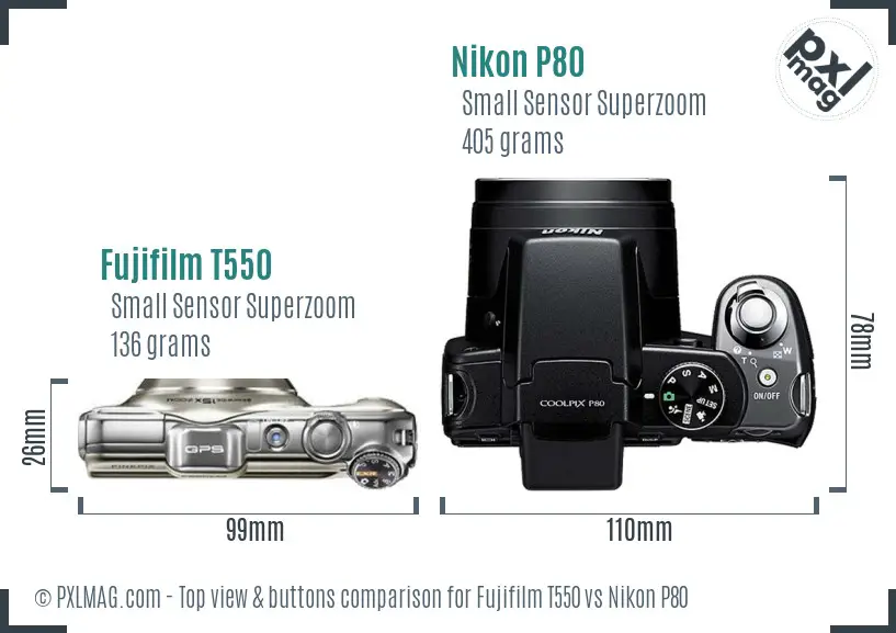 Fujifilm T550 vs Nikon P80 top view buttons comparison