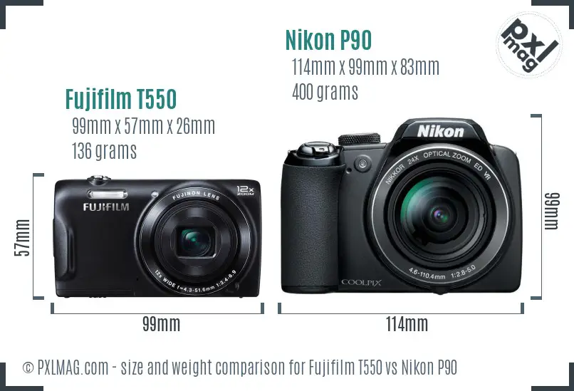 Fujifilm T550 vs Nikon P90 size comparison