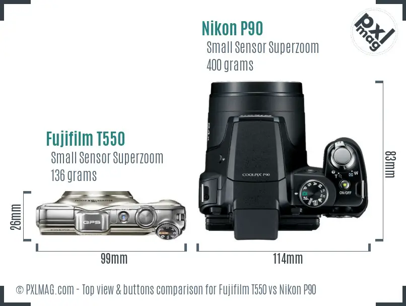 Fujifilm T550 vs Nikon P90 top view buttons comparison