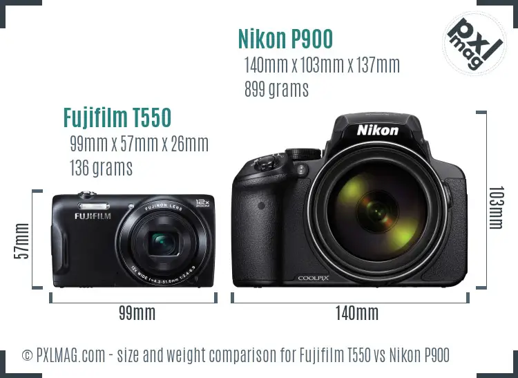 Fujifilm T550 vs Nikon P900 size comparison