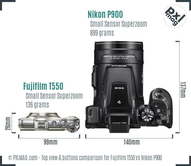 Fujifilm T550 vs Nikon P900 top view buttons comparison