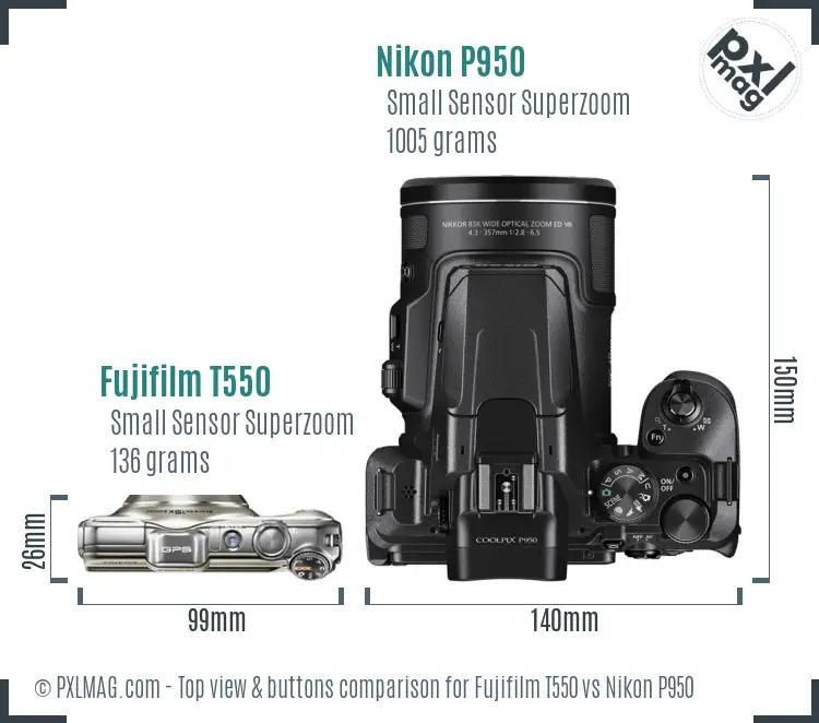 Fujifilm T550 vs Nikon P950 top view buttons comparison