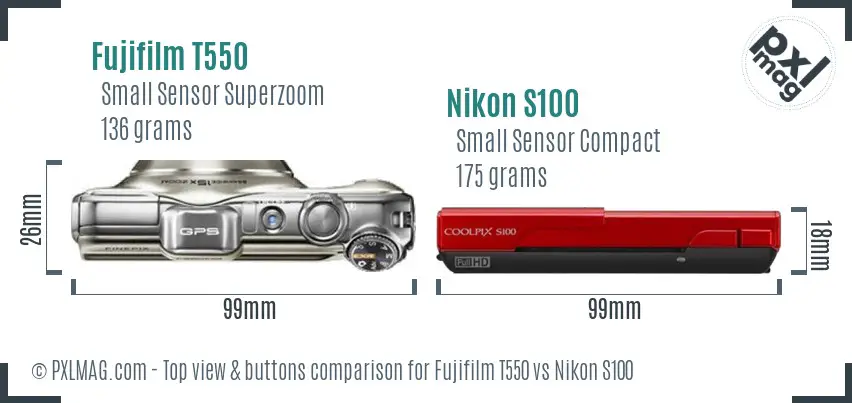 Fujifilm T550 vs Nikon S100 top view buttons comparison