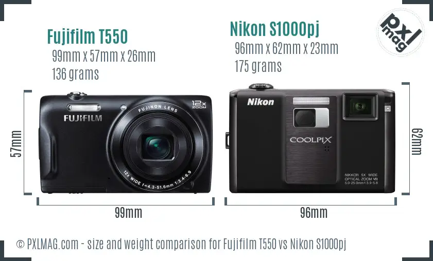 Fujifilm T550 vs Nikon S1000pj size comparison