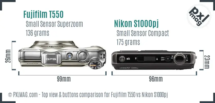 Fujifilm T550 vs Nikon S1000pj top view buttons comparison